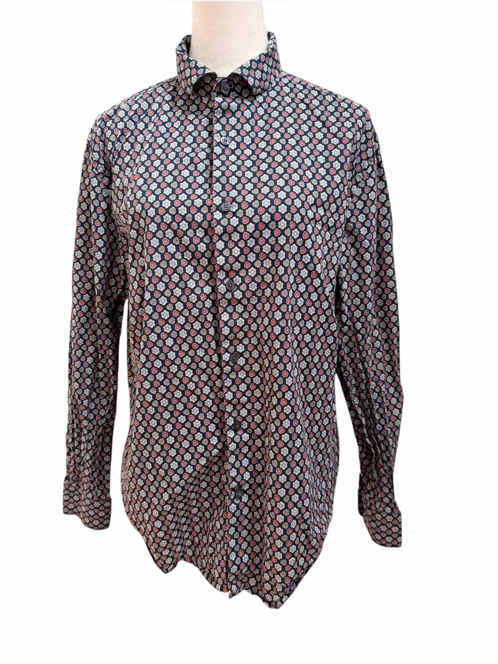 Perry Ellis Men’s Large Cotton Long Sleeve Geometric Print Button-Down Blue Red